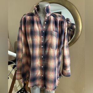 Free people plaid studded shirt over sized flannel style medium large